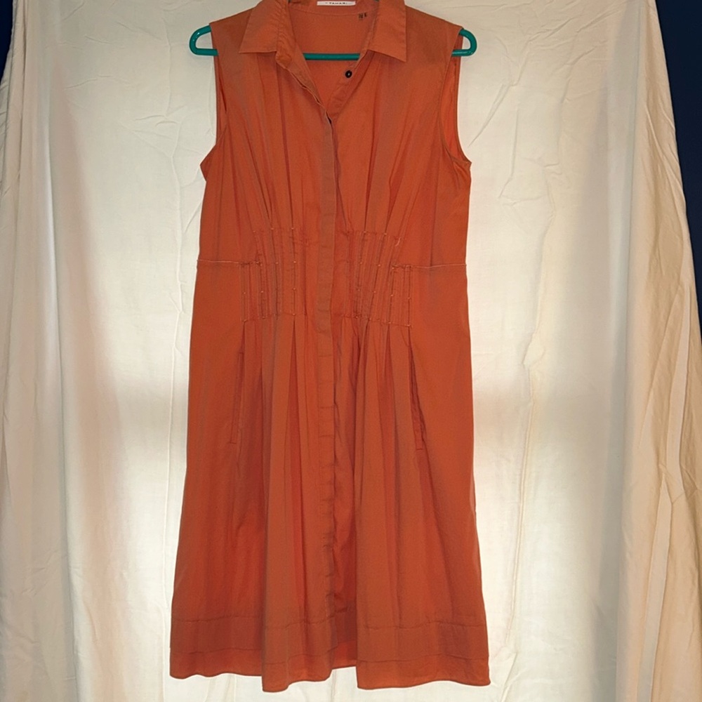 Tahari front pleated sleeveless shirt dress with POCKETS